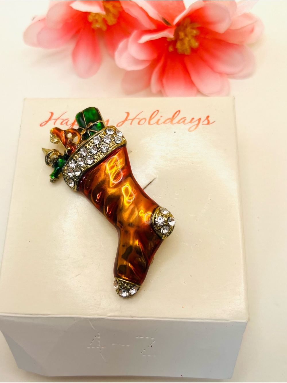 Holiday Stocking Brooch Pin - red with Crystal Accent